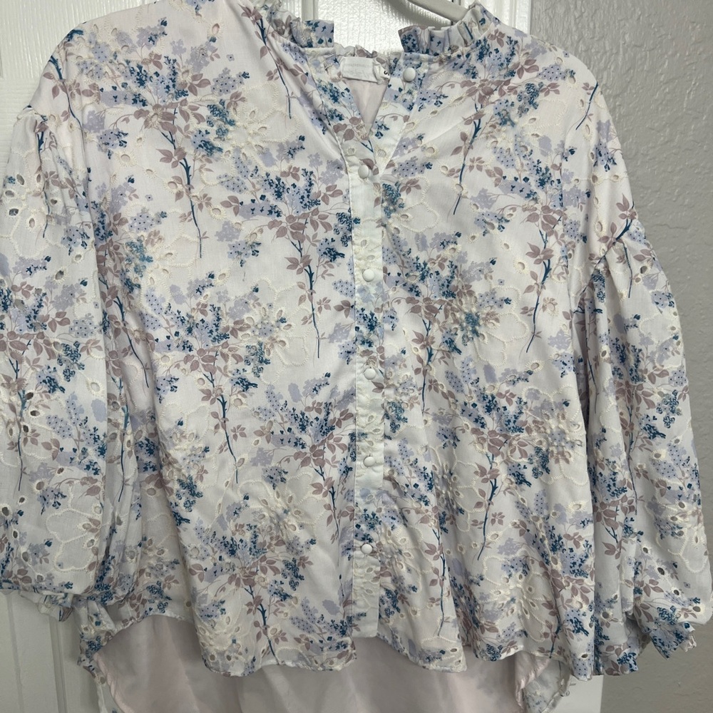 Shop the Mint “Take Your Turn” Eyelet 3/4 Sleeve Buttoned Blouse